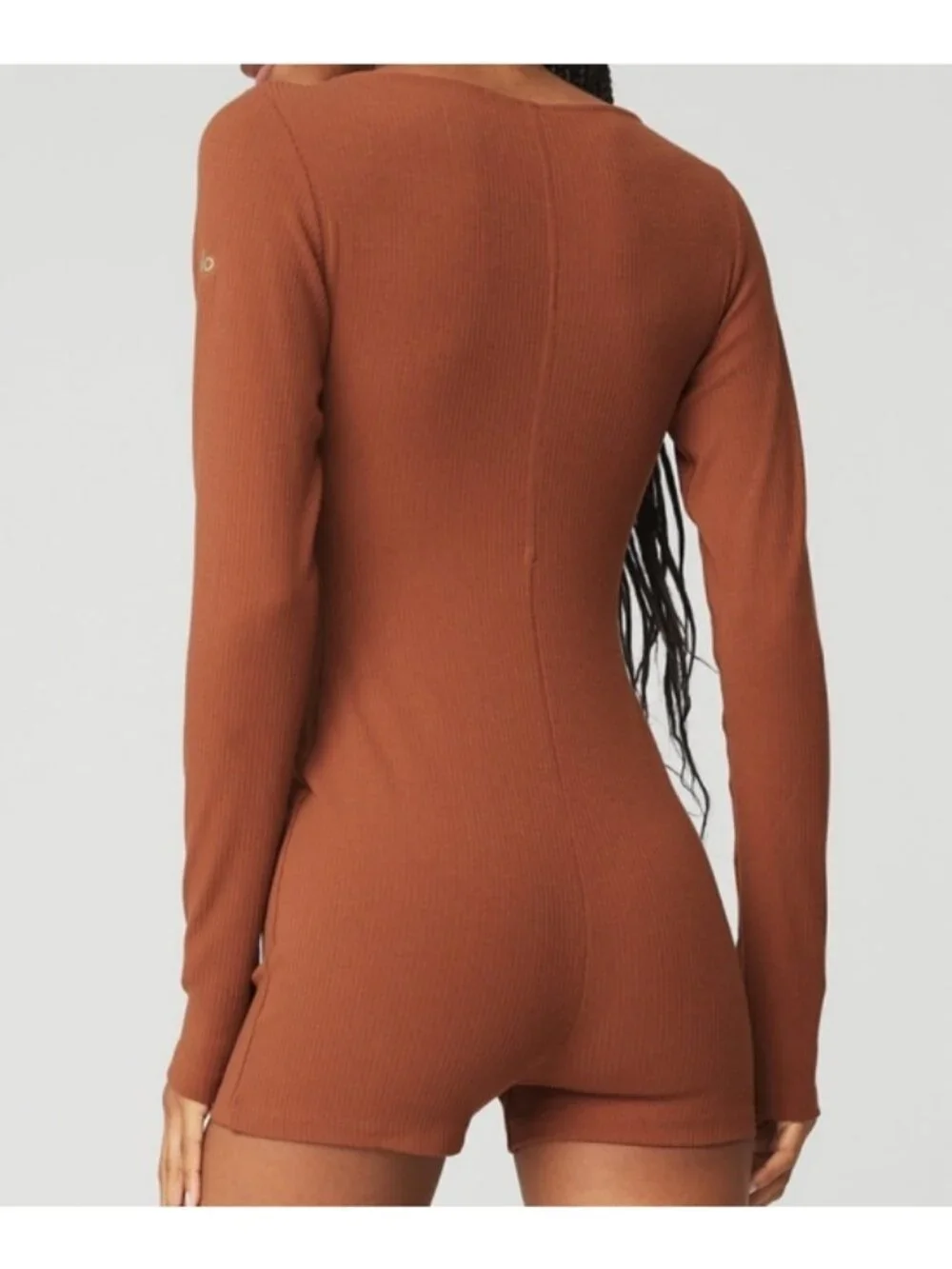 Alo Keep It Sleek Ribbed Onesie Rust Zipper Zip Henley One-Piece Jumpsuit Romper